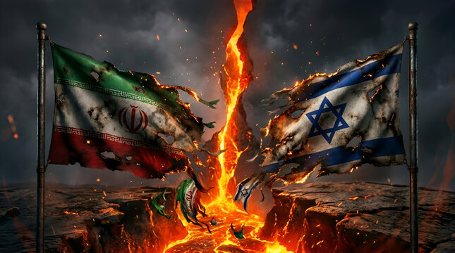 Geopolitical crisis concept with burning flags of Iran and Israel over a lava filled earth crack