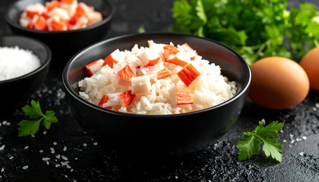 Black bowls hold rice, imitation crab, and sugar, set with eggs and parsley on a dark speckled surface