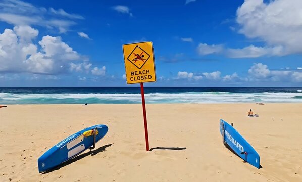 Maroubra Beach in Sydney, Australia. Lifeguard Rescue Boards and &ldquo;Beach Closed&rdquo; Safety Sign on Sandy Shoreline. A safety scene at Maroubra Beach showing two lifeguard rescue boards and a warning sign.