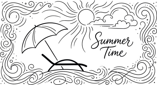 Summer time hand drawn lettering with beach umbrella, sun and clouds
