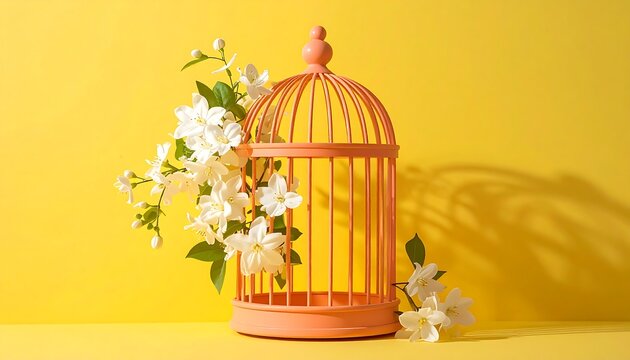 Bird cage with white flowers on yellow background