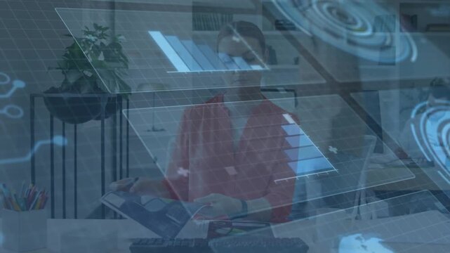 Woman holding globe, activating hologram office UI, presenting folder, typing while team consulting
