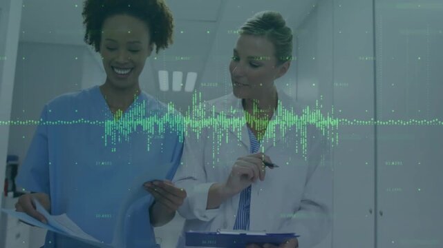 Nurse flipping clinic folder walking hall, doctor reviewing forms, green waveform moving over them