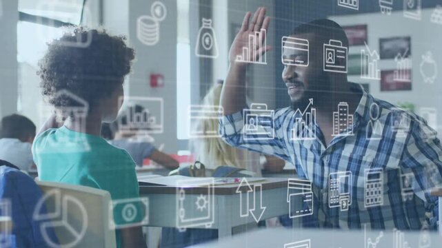 Vertical video: Leaning tutor in plaid urging child in teal tee high-fiving in classroom with icons