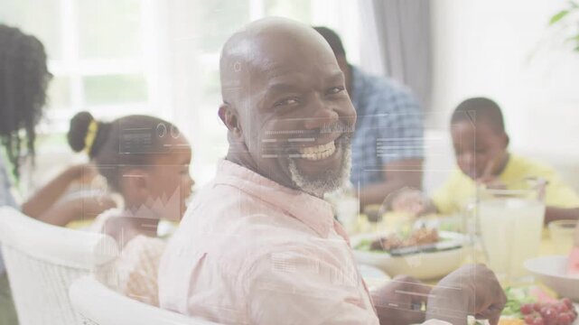 Camera moving closer causing central man turning, laughing, sharing joy with tech HUD overlays