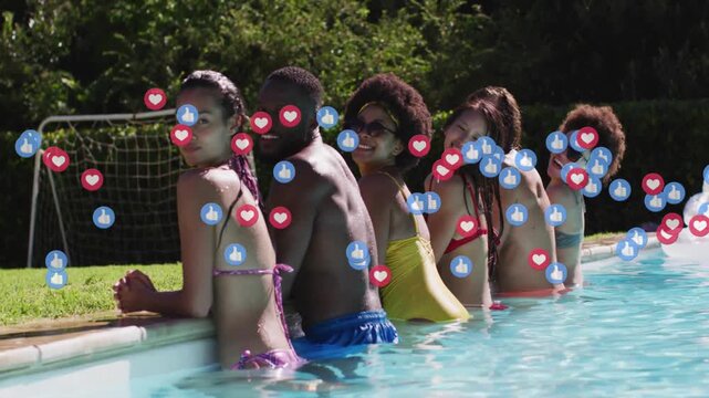 Camera rolling sparking group turning laughing hearts and likes drifting past them for social media