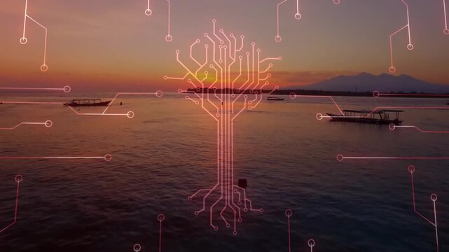 Neon-pink circuit-tree animating over calm sea at sunset with moored boats and buoys