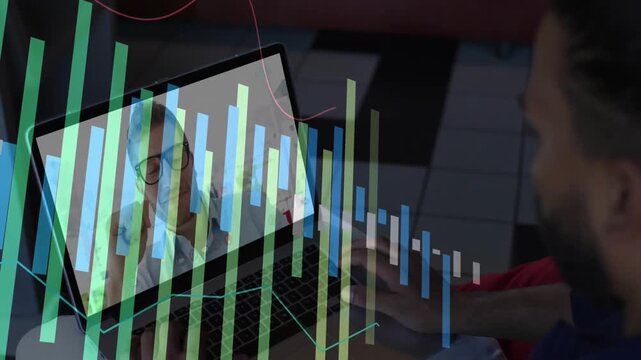 Vertical video: Data starting, laptop showing speaker talking while hand moving, bars forming chart