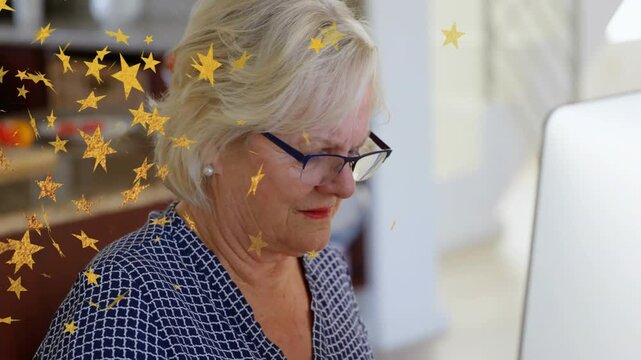 Vertical video: Senior woman raising gaze after gold star overlay entering frame while refocusing