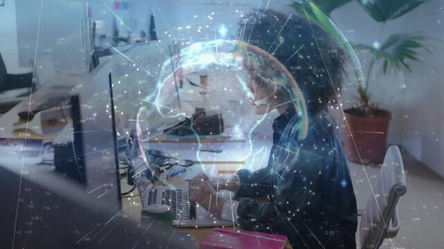 Vertical video: Typing woman in blazer at desk using laptop and keys in office, reacting to overlay