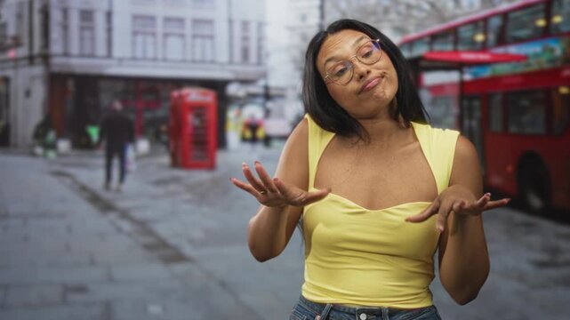 Woman shrugging with palms up and slight smirk on a london street beside red doubledecker bus and phone booth; nonchalant.