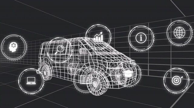 Wireframe 3D van staying centered, left holo icon appearing and starting icons aligning, showing UI