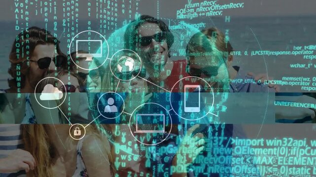 Six adults posing for selfie on beach, phone activating glowing globe, tech icons linking via code
