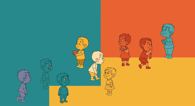 Colorful illustration of diverse cartoon characters standing on colored blocks
