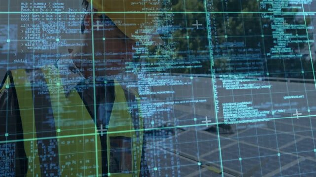 Surveying inspector wearing yellow vest, hard hat on flat roof solar panels HUD overlay, copy space
