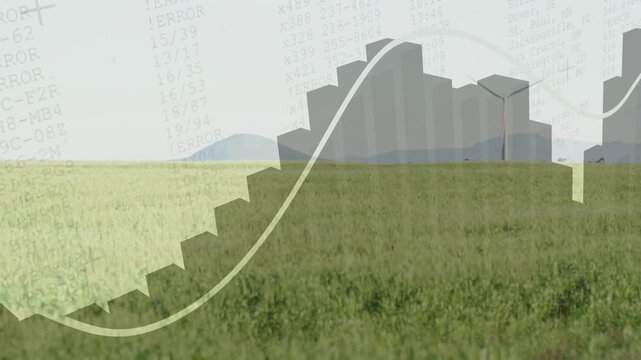 Animating layered graphic showing fence bars, blocky city, white curve, turbines over field