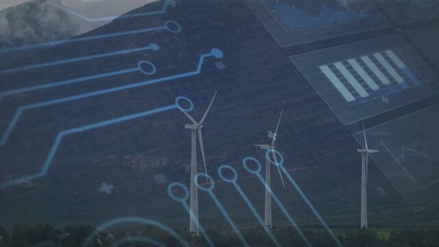 Overlay sliding from left lines moving nodes aligning three turbines blades turning showing power