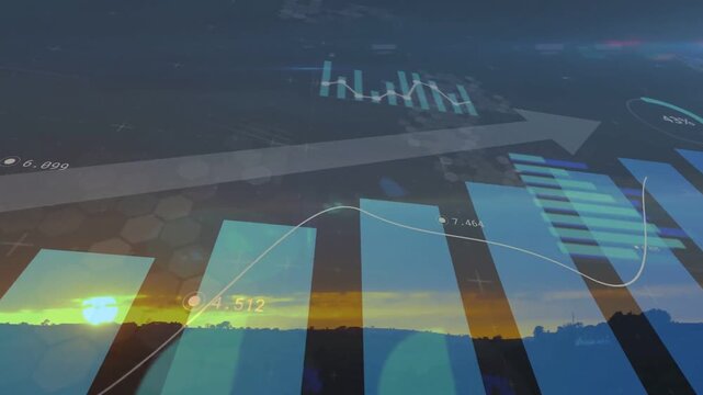 Displaying dashboard animating over sunset horizon, with bars, trend, arrow, gauges, sun left