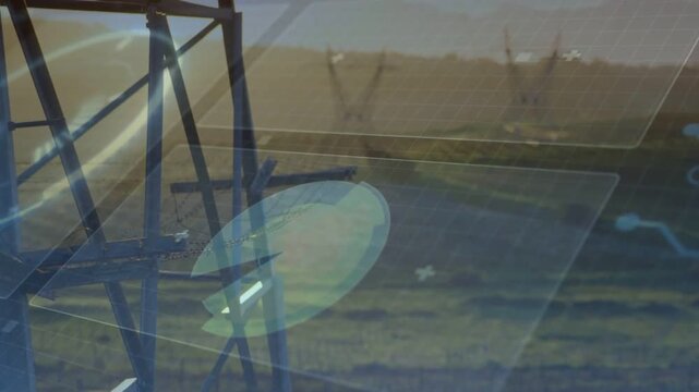 Displaying metal lattice tower left over field, HUD panels rotating pie, distant pylons, copy space