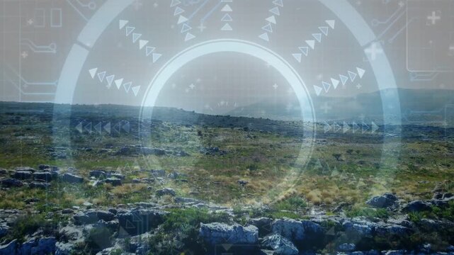 Scanning rocky plateau with circular HUD overlay tightening focus toward steep cliff escarpment