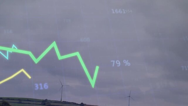 Displaying data overlay showing trends and numeric labels over cloudy farmland with wind turbines