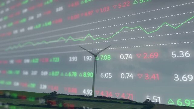 Rotating single three-blade wind turbine turning at rural horizon, with financial market overlay