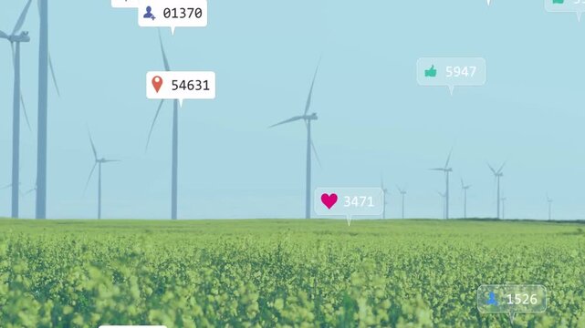 Wide farm field and wind turbines staying steady, notices starting, icons spreading across sky