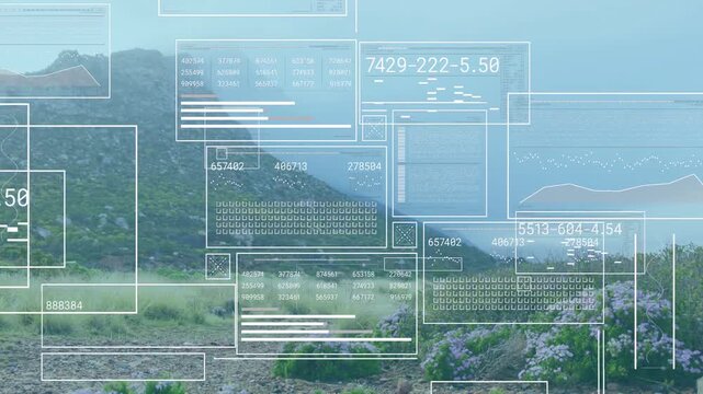 Floating translucent HUD panels shifting over coastal mountain meadow showing data readouts, charts