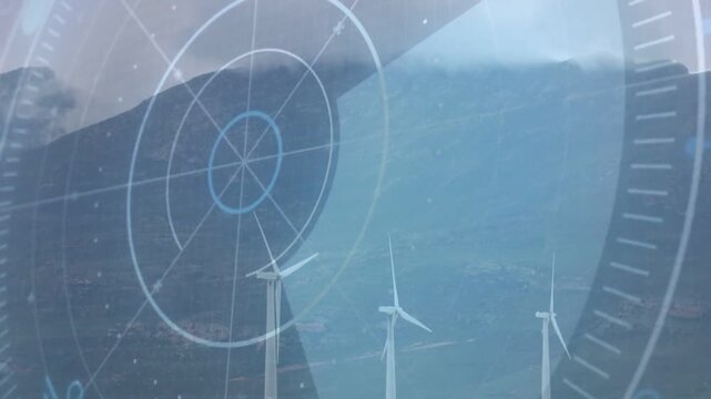 Three wind turbines rotating in mountains with shifting circular HUD overlay and bluish panel