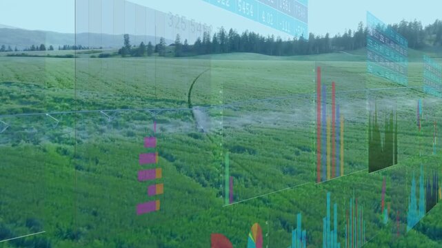 Shifting 3D data panels moving over green crop field, showing stacked bars and pink spiral