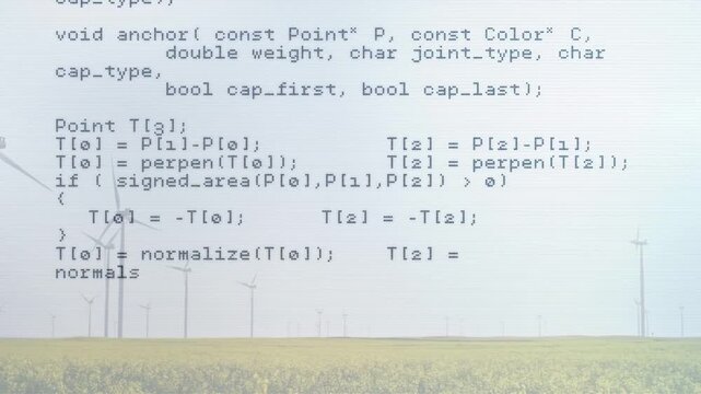 Translucent editor panel showing internet_request C or C++ source scrolling over wind turbines field