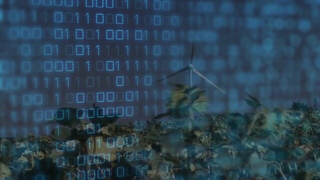 Two dark figures standing near horizon in sunflower field under binary overlay, turbine rotating