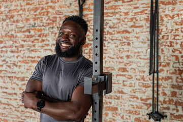 Obraz premium African American male leaning against squat rack crossing arms smiling in gym wearing gray tee