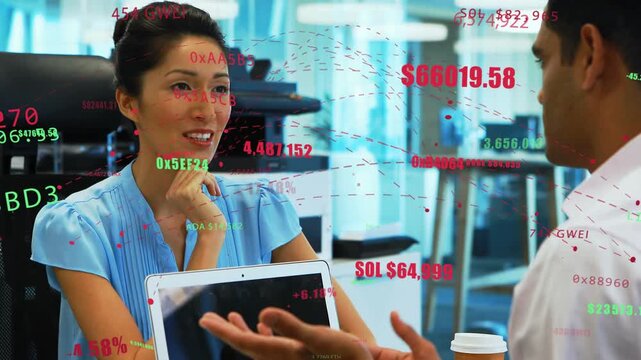 Diverse coworkers discussing crypto after overlay appearing while man showing tablet in office