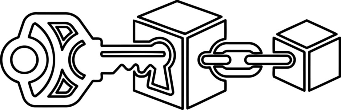 Secure block chain icon with key for cryptocurrency and decentralized data management