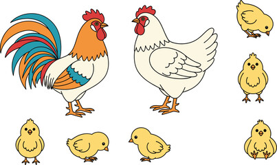 Farm Animal Vector Set Featuring Colorful Rooster White Hen and Cute Yellow Baby Chicks for Poultry Farming Illustration Projects © MDFiroj