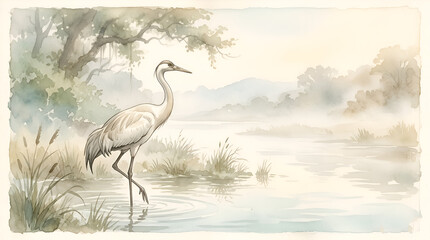 Elegant crane standing in a misty lake surrounded by reeds in watercolor style © bappi