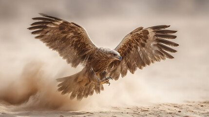 Fototapeta premium A brown eagle landing on sandy ground with wings spread wide in a desert environment with dust