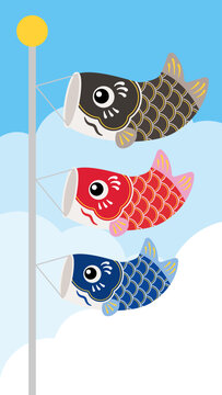 入道雲が広がる青空と3匹のかわいい鯉のぼりの背景イラスト（黒・赤・青）【9：16縦長スマホサイズ】