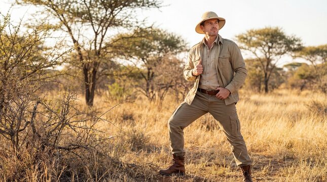Man in pith helmet posing outdoors in savanna landscape  