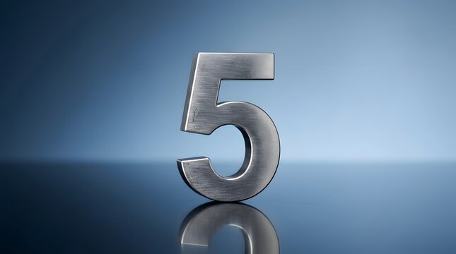 Metal number five on reflective surface with blue gradient background representing countdown ranking achievement and modern minimal numeric concept