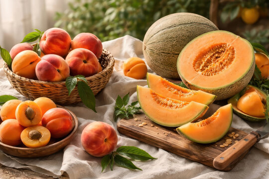 Composizione di frutta estiva con melone cantalupo, pesche e albicocche su tavola rustica. Generative AI 