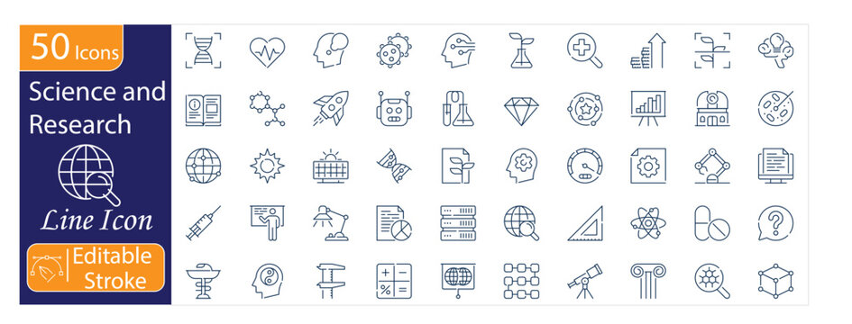 Science and Research Icons Set, Laboratory, Experimentation, Microscope, Data Analysis, Scientific Discovery, Innovation, Editable Stroke Vector Illustration.