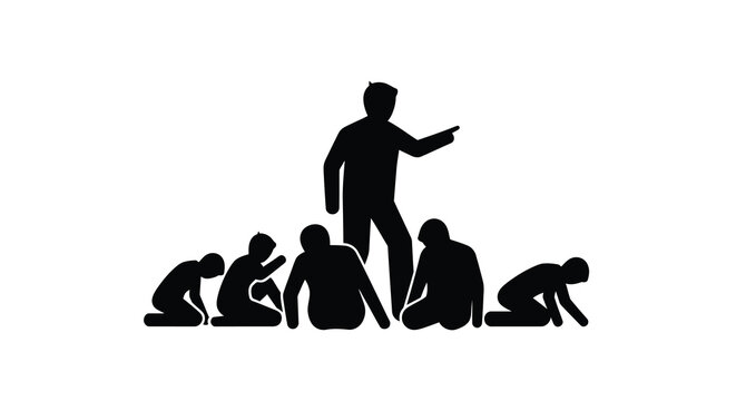 Silhouette illustration depicting a person pointing at a group of crouching figures