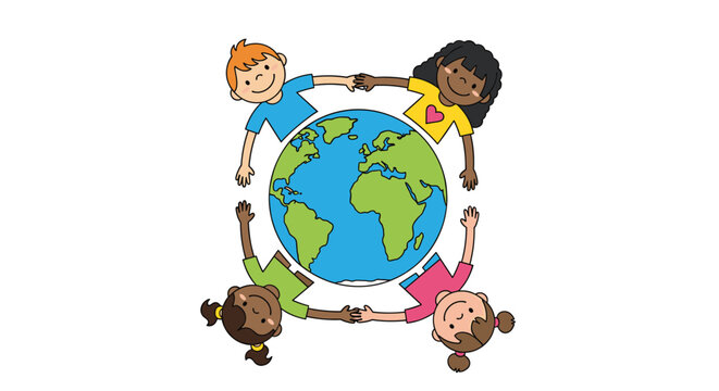 Group of diverse children from different ethnic backgrounds holding hands around a globe representing world peace and unity.