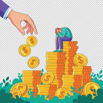 Person sitting on coins with hand dropping more coins finance wealth sadness