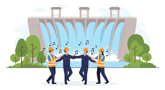 Group of construction workers in safety gear celebrating or dancing in front of a massive overflowing hydroelectric dam.