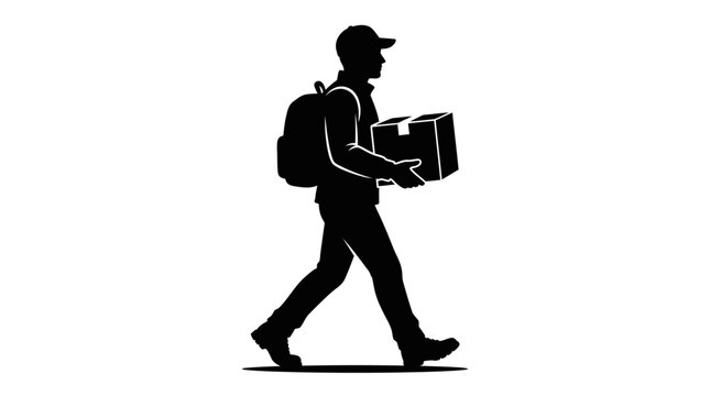 Man walking with box and backpack.