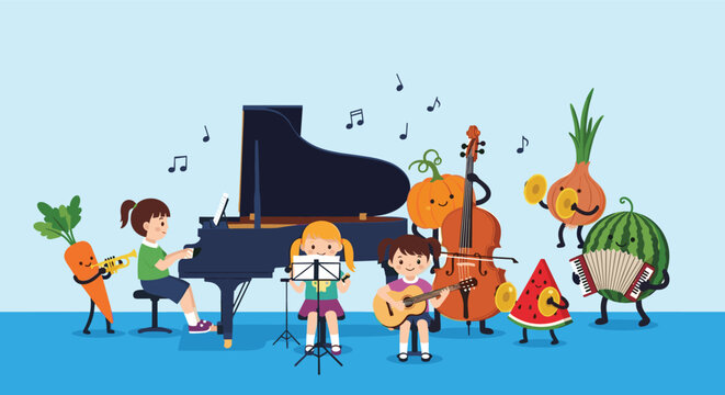 Children and anthropomorphic fruit and vegetable characters playing instruments like piano and cello in a musical ensemble.