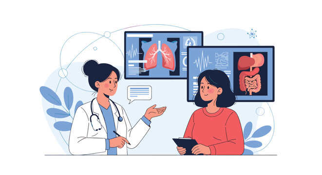 Female doctor in a white coat explaining medical results to a female patient while pointing to lung and digestive system scans.